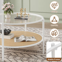 Tavolino da caffè Garvee in rattan da 30" con struttura in metallo e vetro resistente al calore per soggiorno e ufficio, bianco, 30 pollici