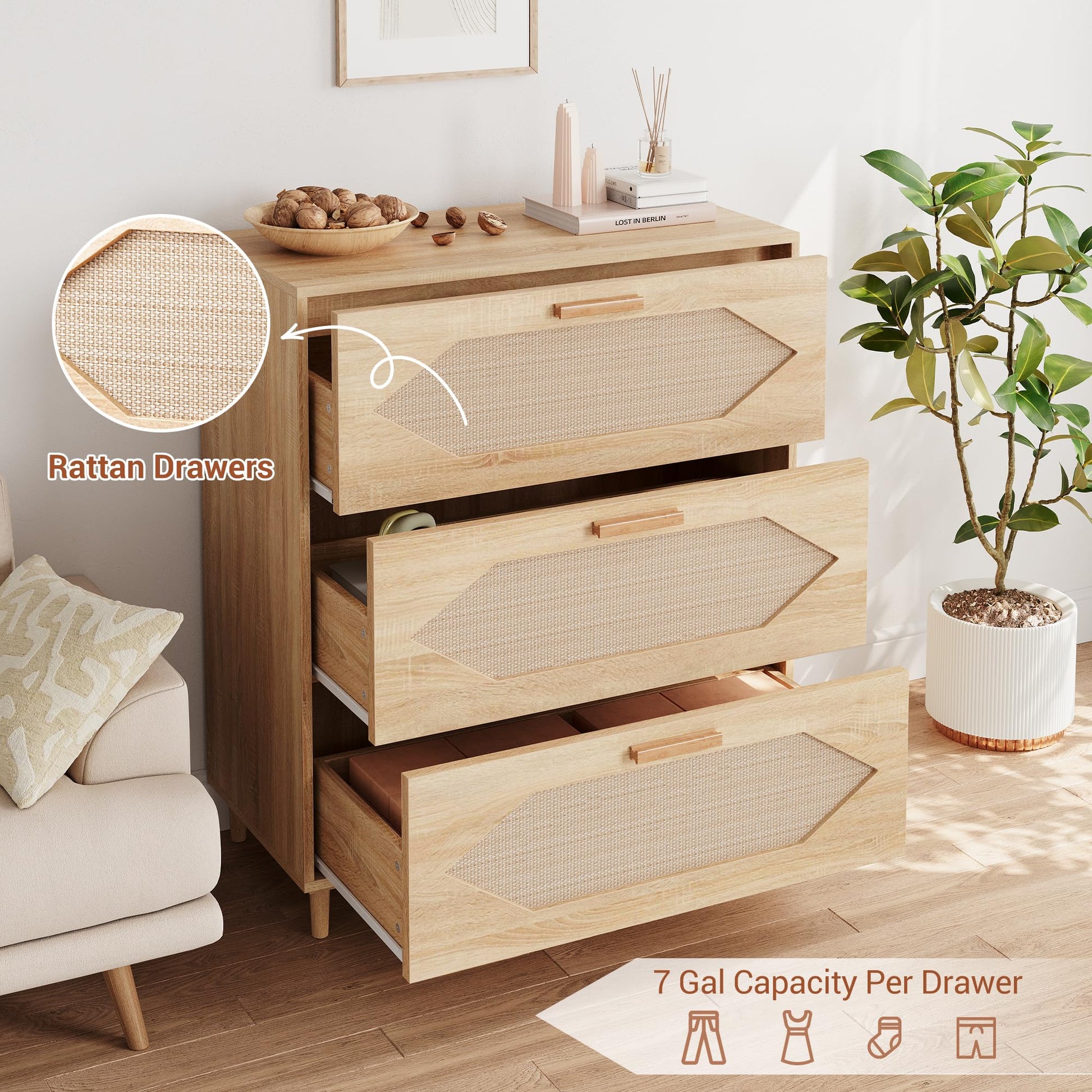 Cassettiera in rattan Garvee a 3 cassetti per camera da letto, ampio spazio di archiviazione, impermeabile, in legno MDF, moderna, per soggiorno e corridoio, marrone