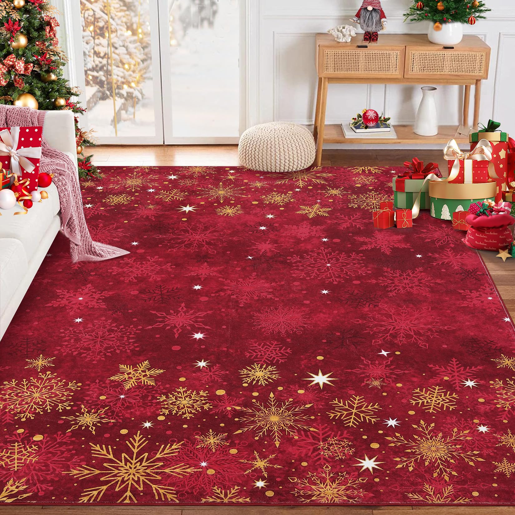Tappeto per soggiorno Garvee, tappeto natalizio rosso lavabile, 120x170 cm, per camera da letto, cucina, sala da pranzo, ufficio