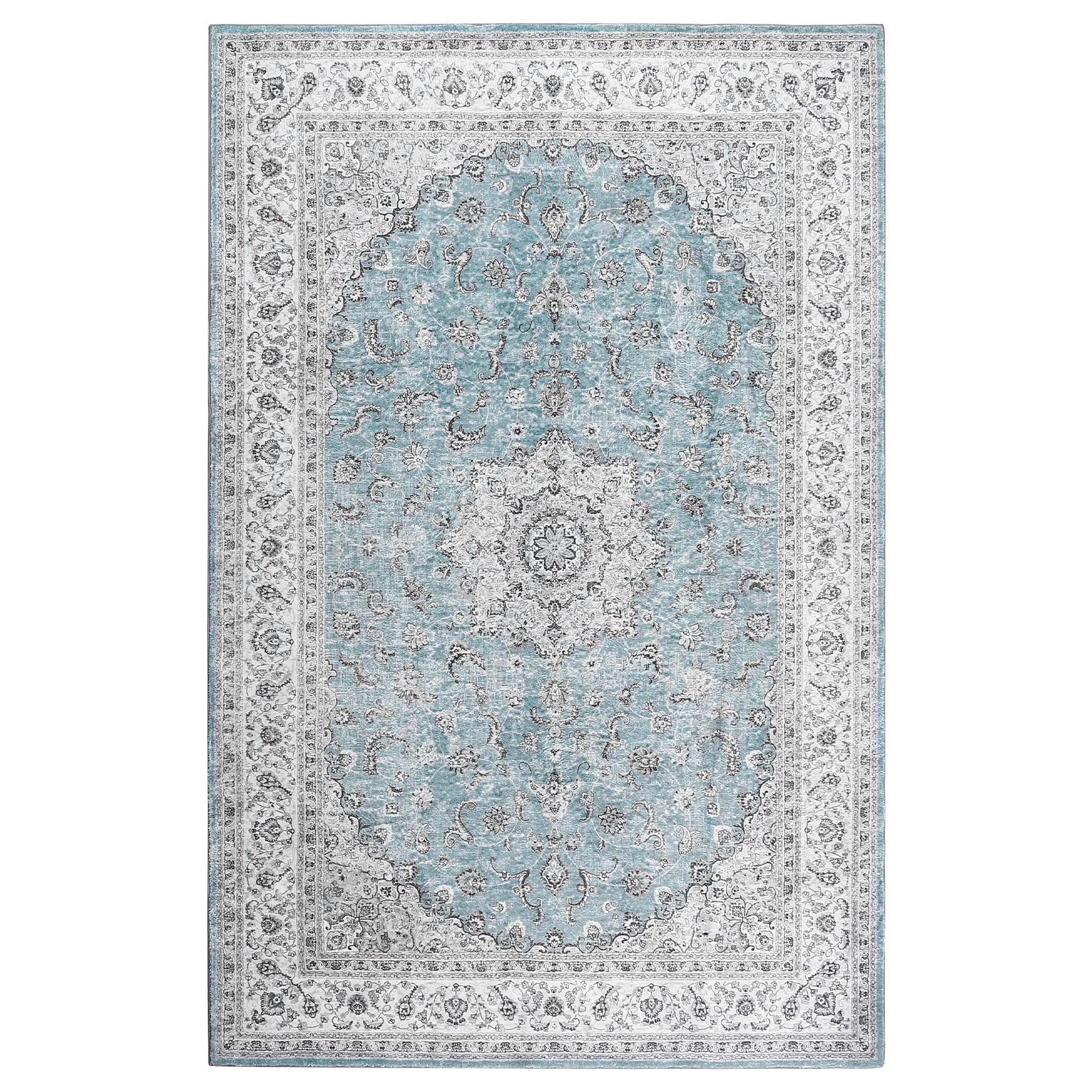 Tappeto orientale vintage GARVEE 160x230cm | Antiscivolo, resistente all'acqua e alle macchie con pelo basso | Tappeto classico per soggiorno in azzurro