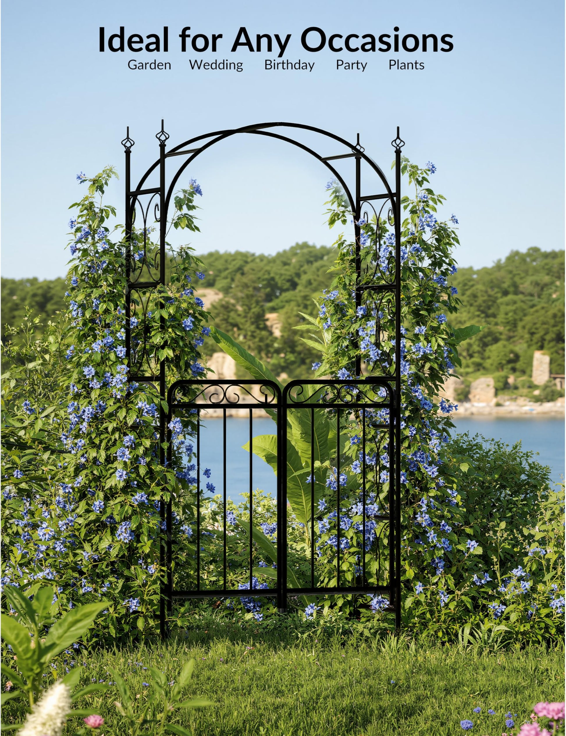 Arco da giardino Garvee da 8 piedi con cancello, metallo pesante, resistente alle intemperie, nero, per matrimoni e giardino, struttura a traliccio