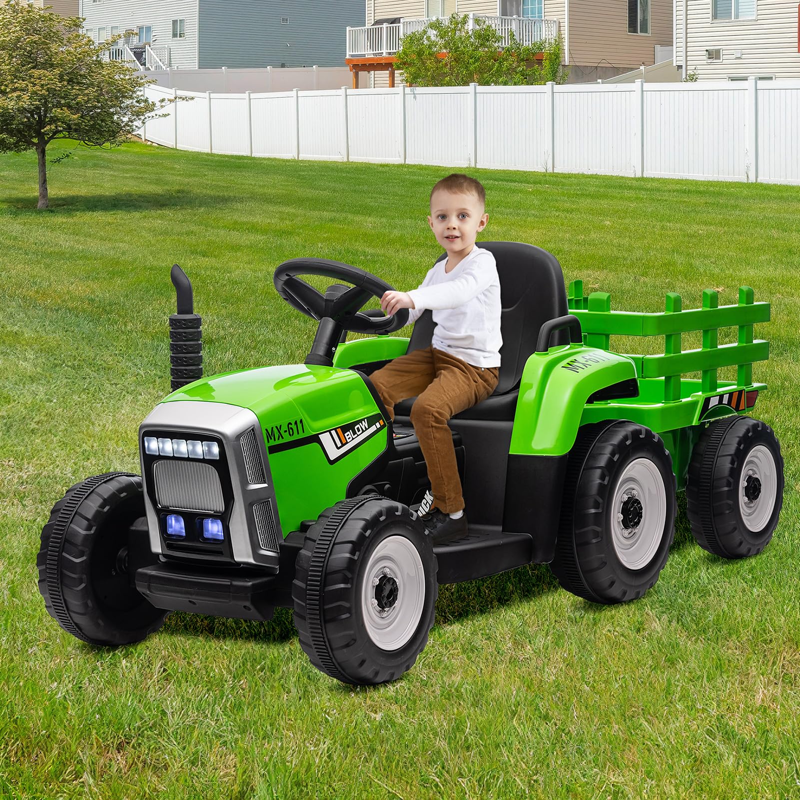 Trattore elettrico Garvee a batteria, giocattolo per bambini, verde, con struttura sicura per i bambini e ruote robuste, per divertirsi dai 3 anni in su, sia all'interno che all'esterno.