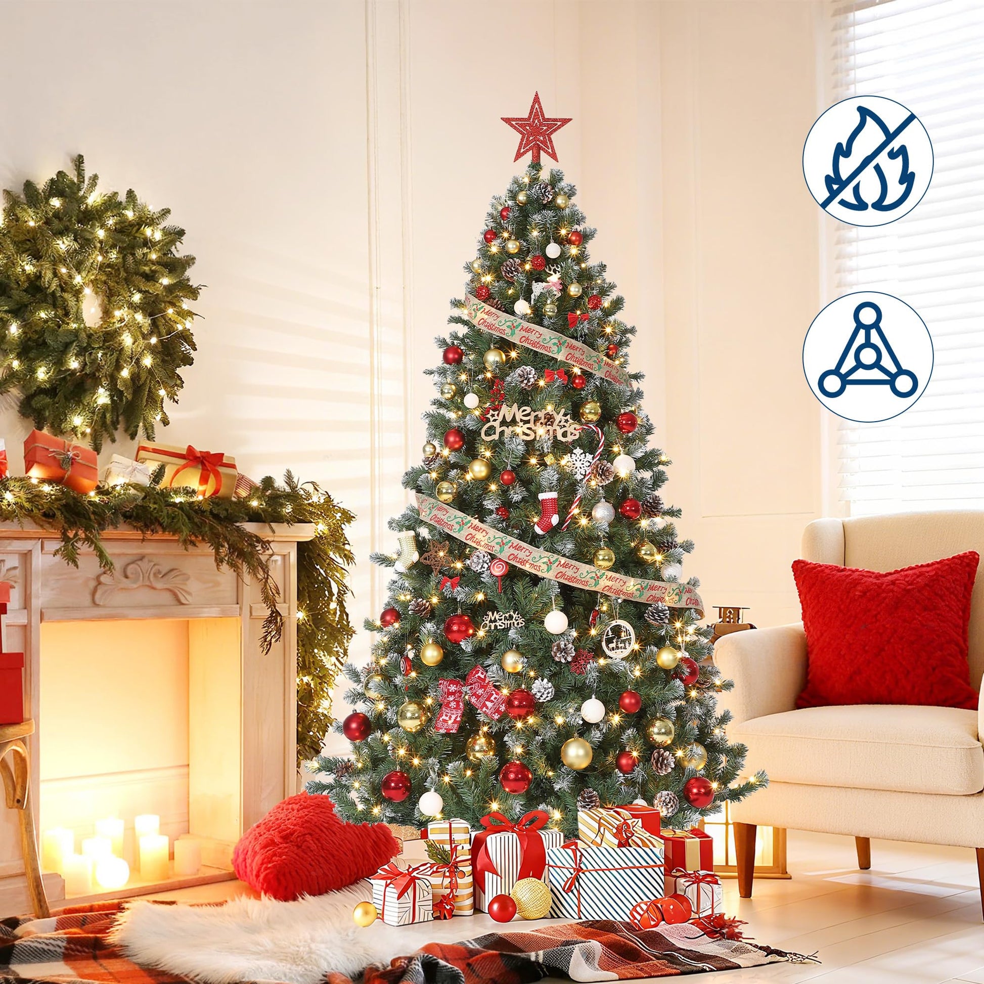 Albero di Natale Garvee da 137 cm con illuminazione a LED e neve - Pigne dipinte a mano per la decorazione festiva del soggiorno