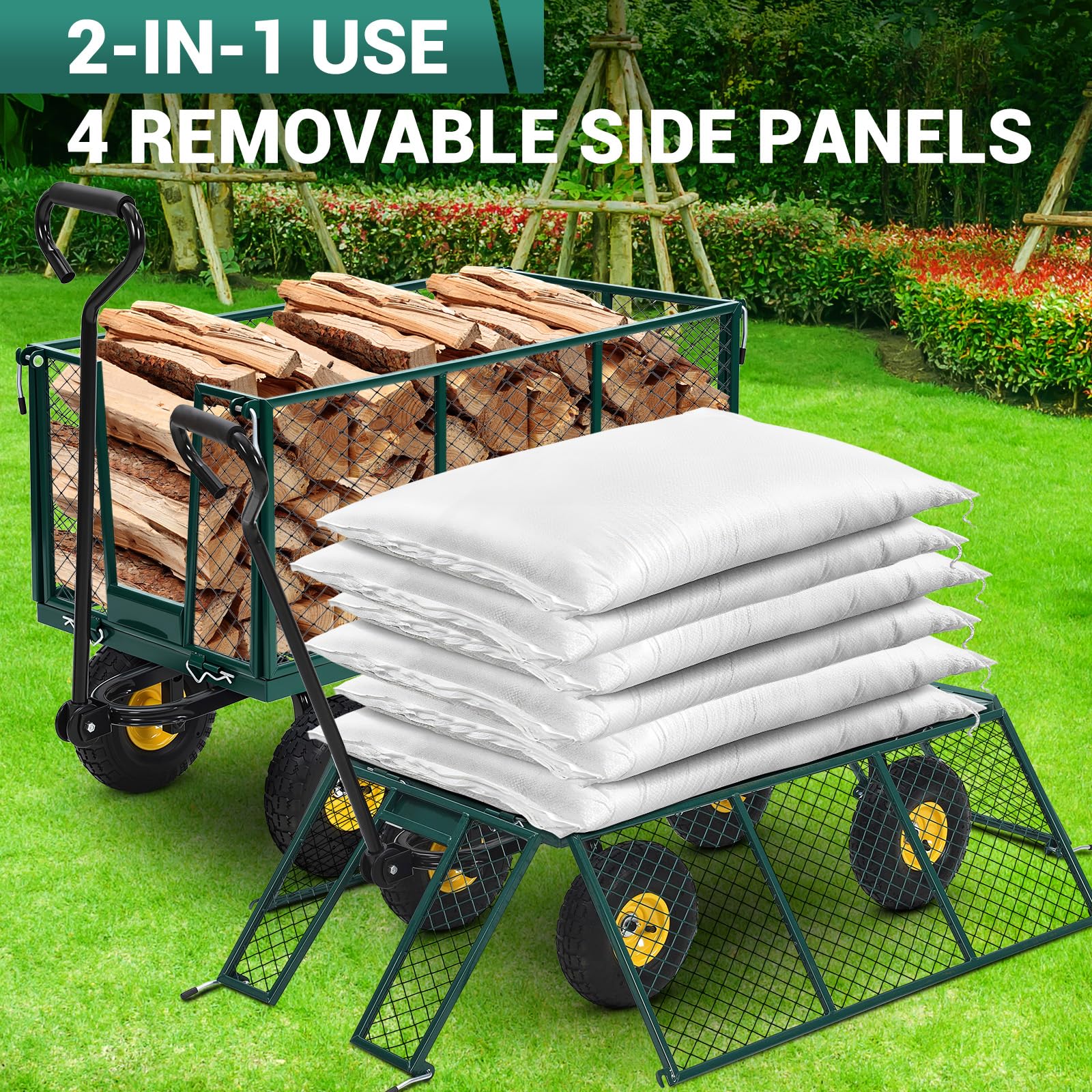 Carrello da Giardino in Acciaio Garvee per Festa del Papà | Capacità 1100 libbre, Maniglia 180° Girevole, Pneumatici 10", Lati Rimovibili, Robusto per Cortile