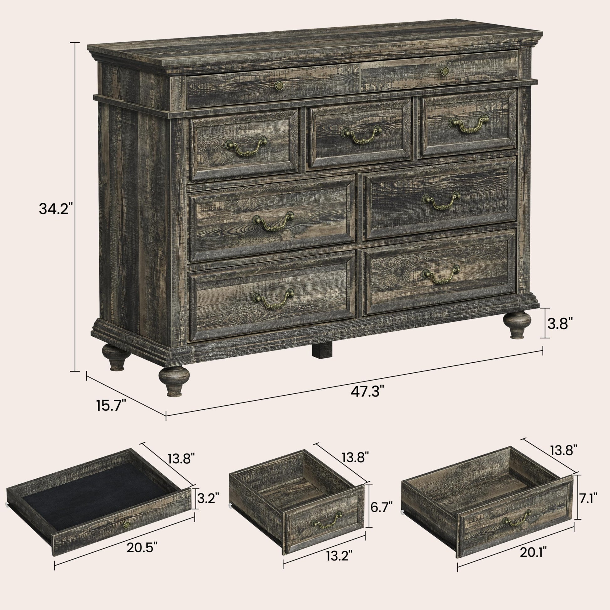 Cassettiera Garvee da 47" in stile rustico con 9 cassetti, in legno rustico, maniglie in metallo vintage, rovere scuro, per camera da letto e soggiorno
