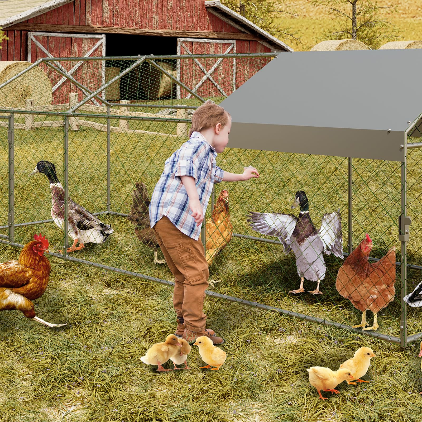 Pollaio Garvee grande 120"x40"x40" con 3 scomparti, resistente alle intemperie, in metallo robusto, sicuro per polli e conigli