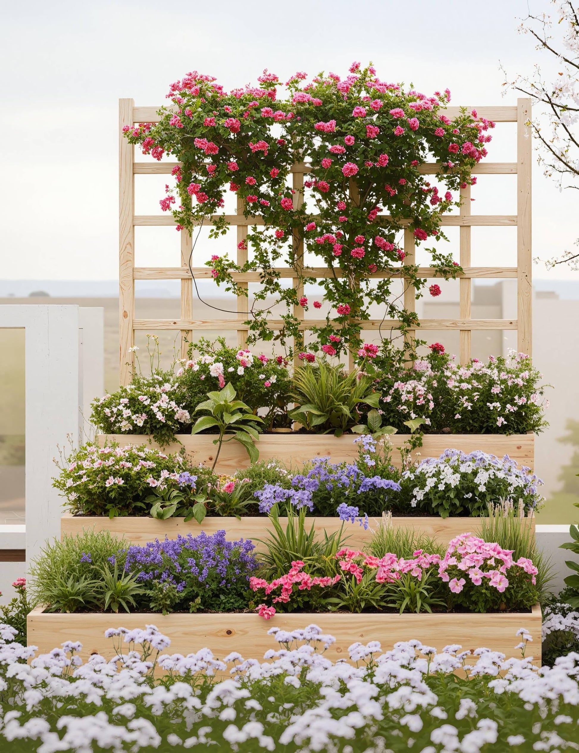Aiuola rialzata Garvee a 3 livelli in legno di abete con traliccio per balcone e giardino, modulare, aperta, in legno naturale