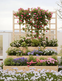 Aiuola rialzata Garvee a 3 livelli in legno di abete con traliccio per balcone e giardino, modulare, aperta, in legno naturale