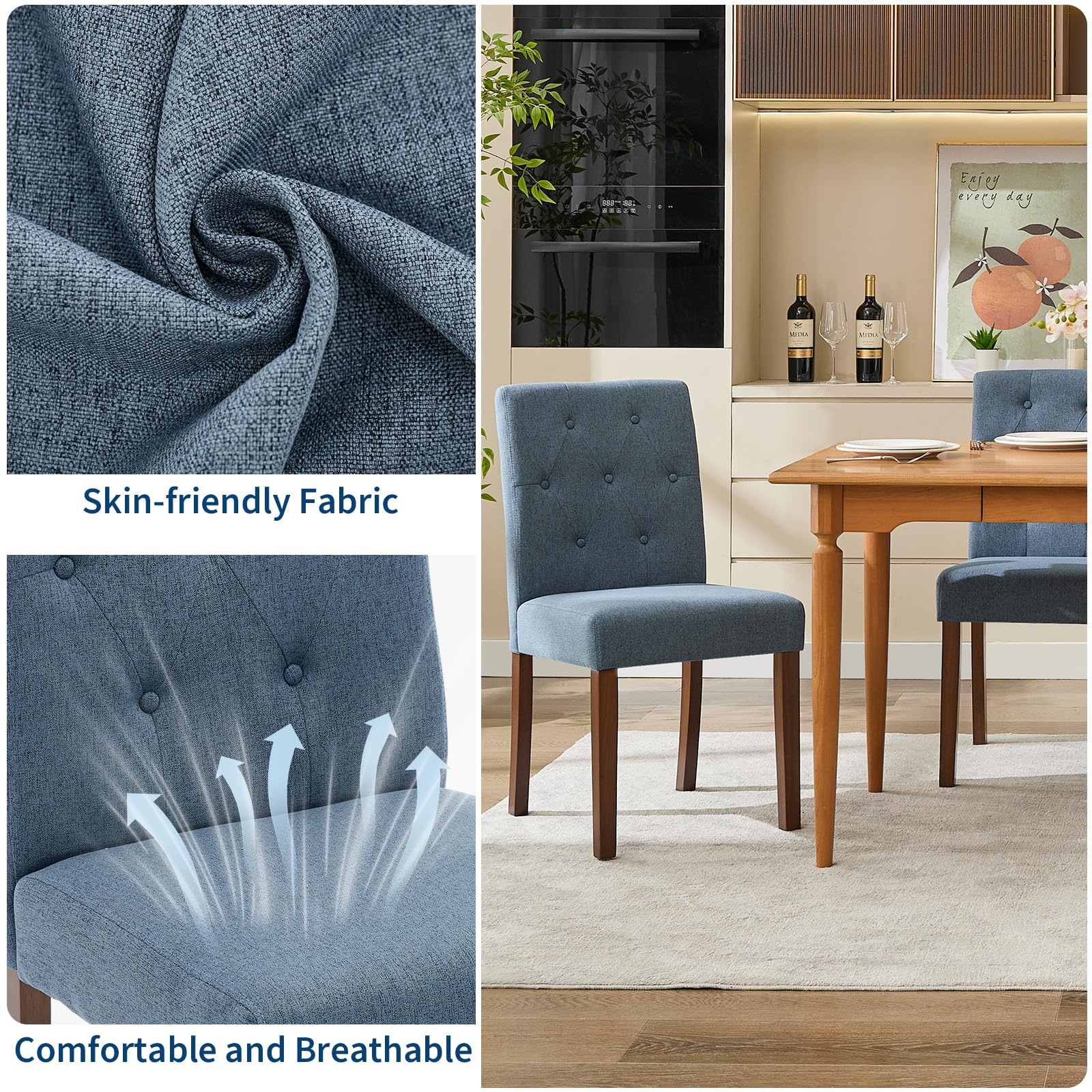 Sedie da pranzo Garvee Parsons, set di 2, imbottite, ergonomiche, in tessuto di lino, legno di caucciù, blu, per cucina e soggiorno