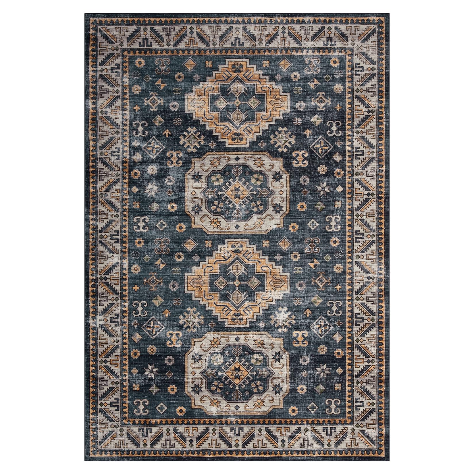 Tappeto vintage per soggiorno Garvee, morbido, lavabile, orientale, tradizionale, blu navy, 120 x 170 cm