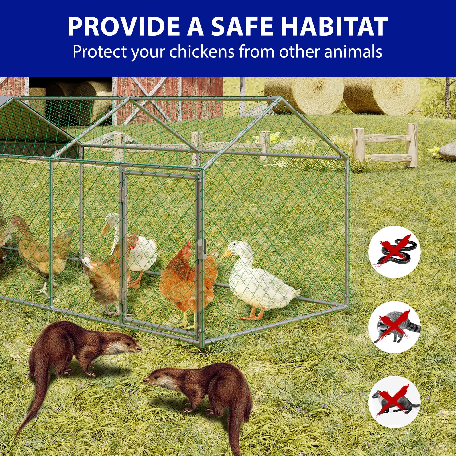 Pollaio Garvee grande 120"x40"x40" con 3 scomparti, resistente alle intemperie, in metallo robusto, sicuro per polli e conigli