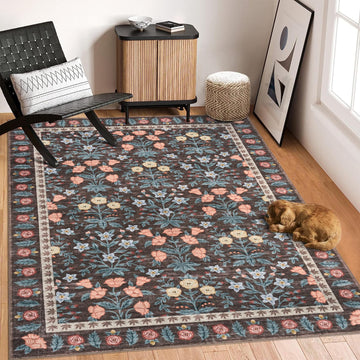 Tappeto decorativo Garvee per interni Boho 200x290cm, motivo floreale nero, antiscivolo, pelo corto, fibra sintetica, soggiorno, sala giochi