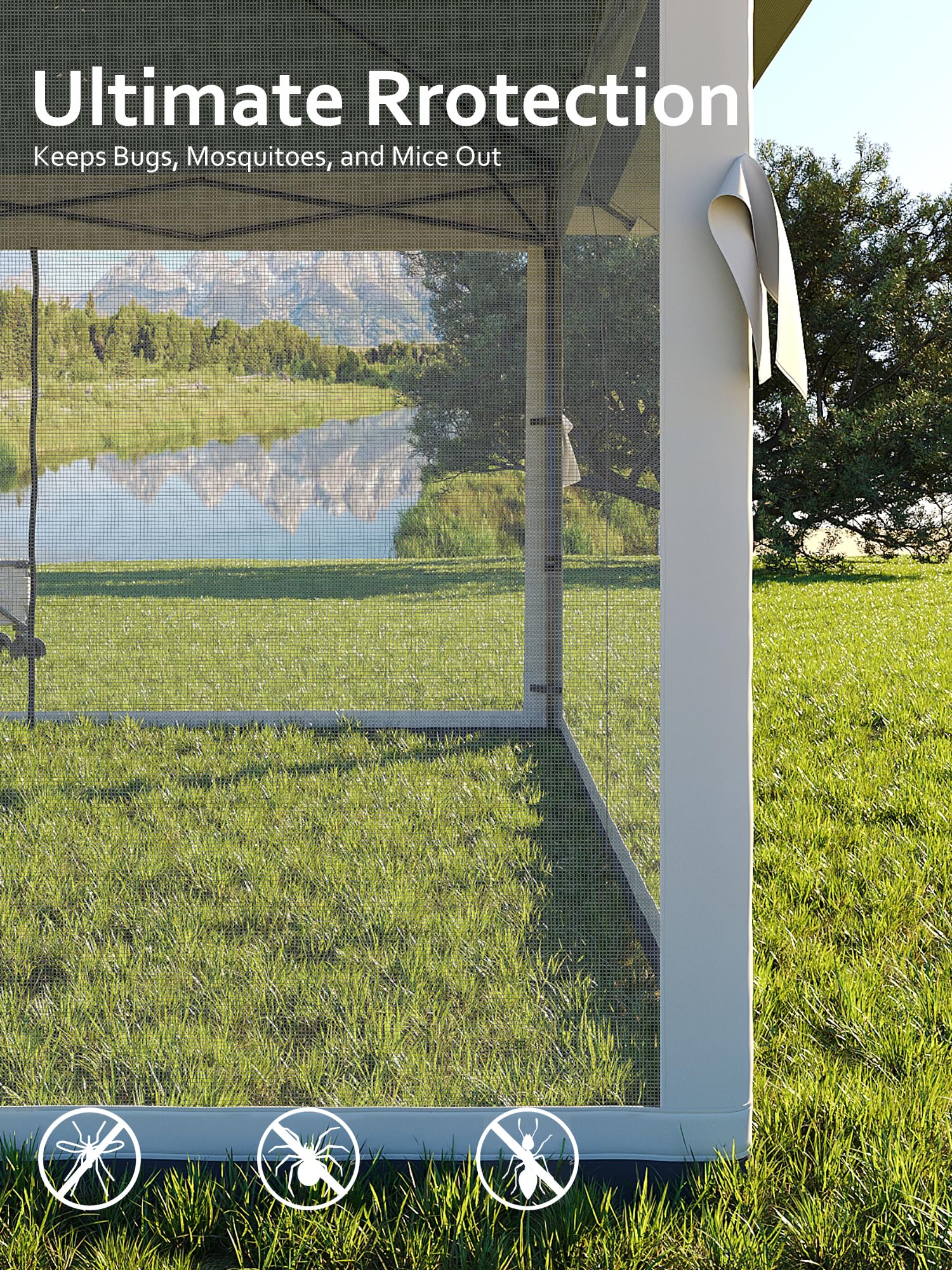 Gazebo pieghevole Garvee 13x13 con zanzariera, struttura in acciaio robusto, protezione UV UPF 50+, impermeabilizzazione, blu navy + grigio canapa, fisso in giardino