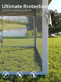 Gazebo pieghevole Garvee 13x13 con zanzariera, struttura in acciaio robusto, protezione UV UPF 50+, impermeabilizzazione, blu navy + grigio canapa, fisso in giardino