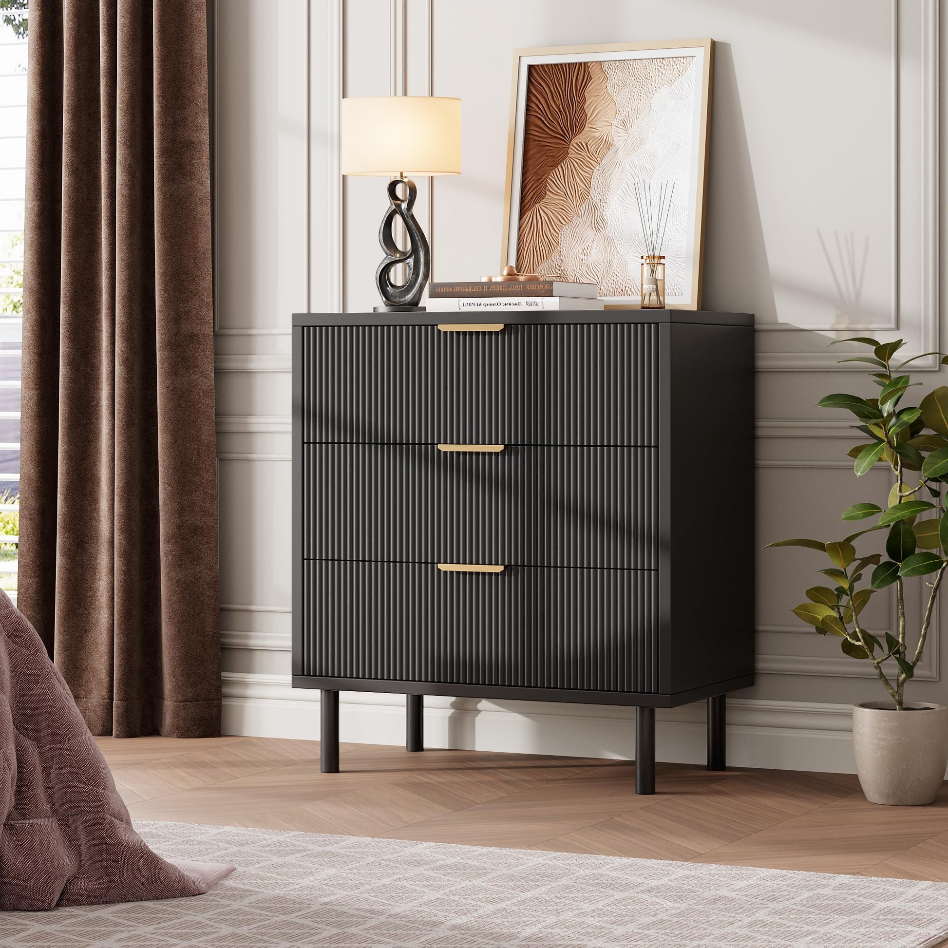 Cassettiera Garvee Black Fluted a 3 cassetti con gambe in metallo per camera da letto e soggiorno, moderna, robusta, in melamina, nera