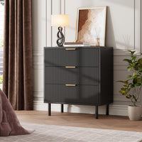 Cassettiera Garvee Black Fluted a 3 cassetti con gambe in metallo per camera da letto e soggiorno, moderna, robusta, in melamina, nera