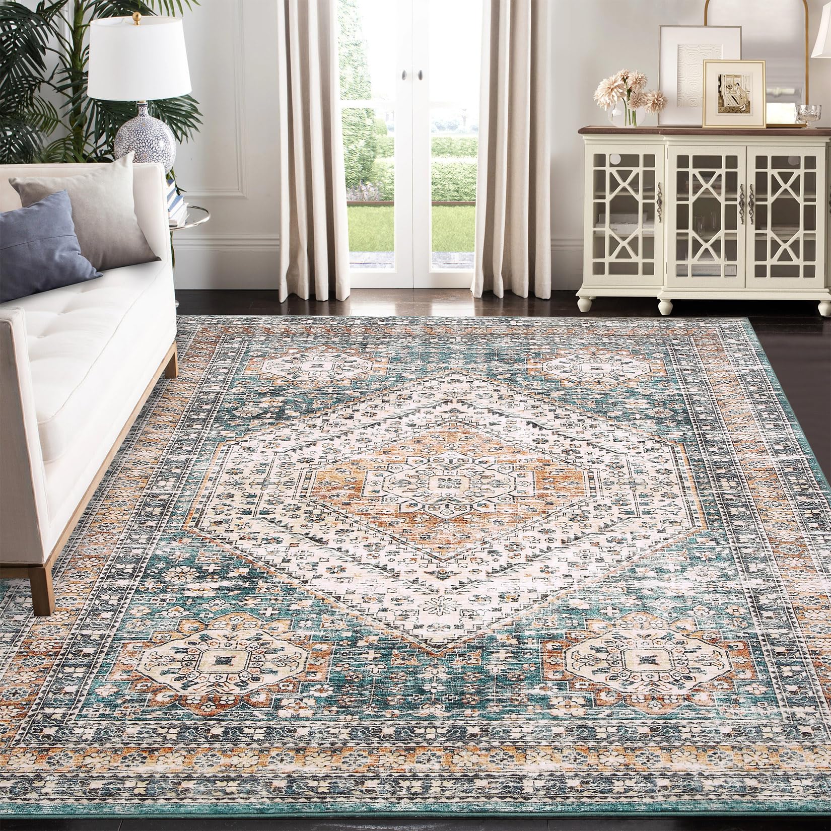 Tappeto persiano Garvee 160 x 230 cm verde 100% poliestere, supporto in TPR, altezza del pelo media, lavabile, antiscivolo, per soggiorno, camera da letto