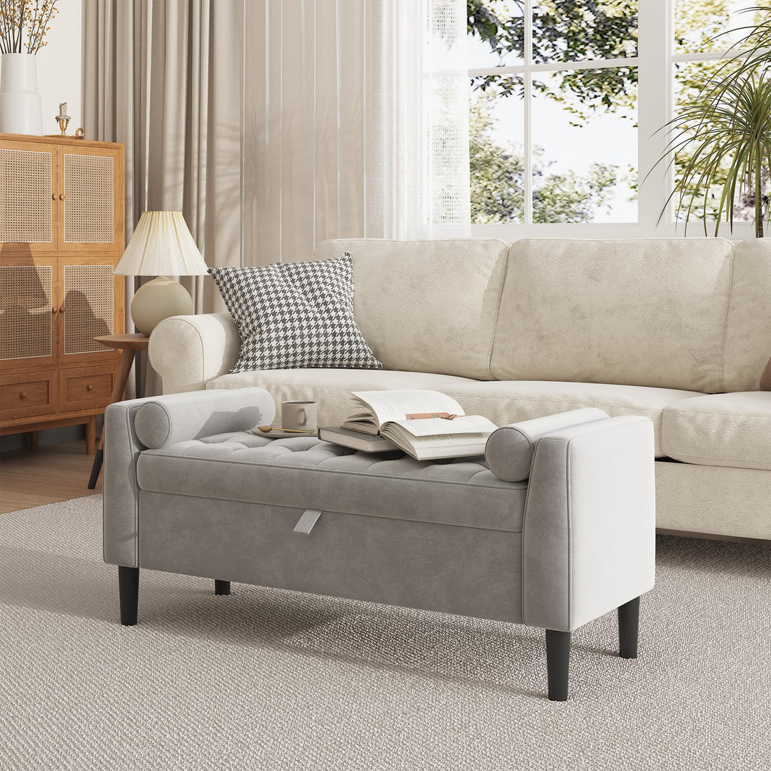 Panca ottomana Garvee con contenitore, imbottita, design capitonné, cerniere in ottone robusto, versatile per camera da letto e corridoio, beige e verde