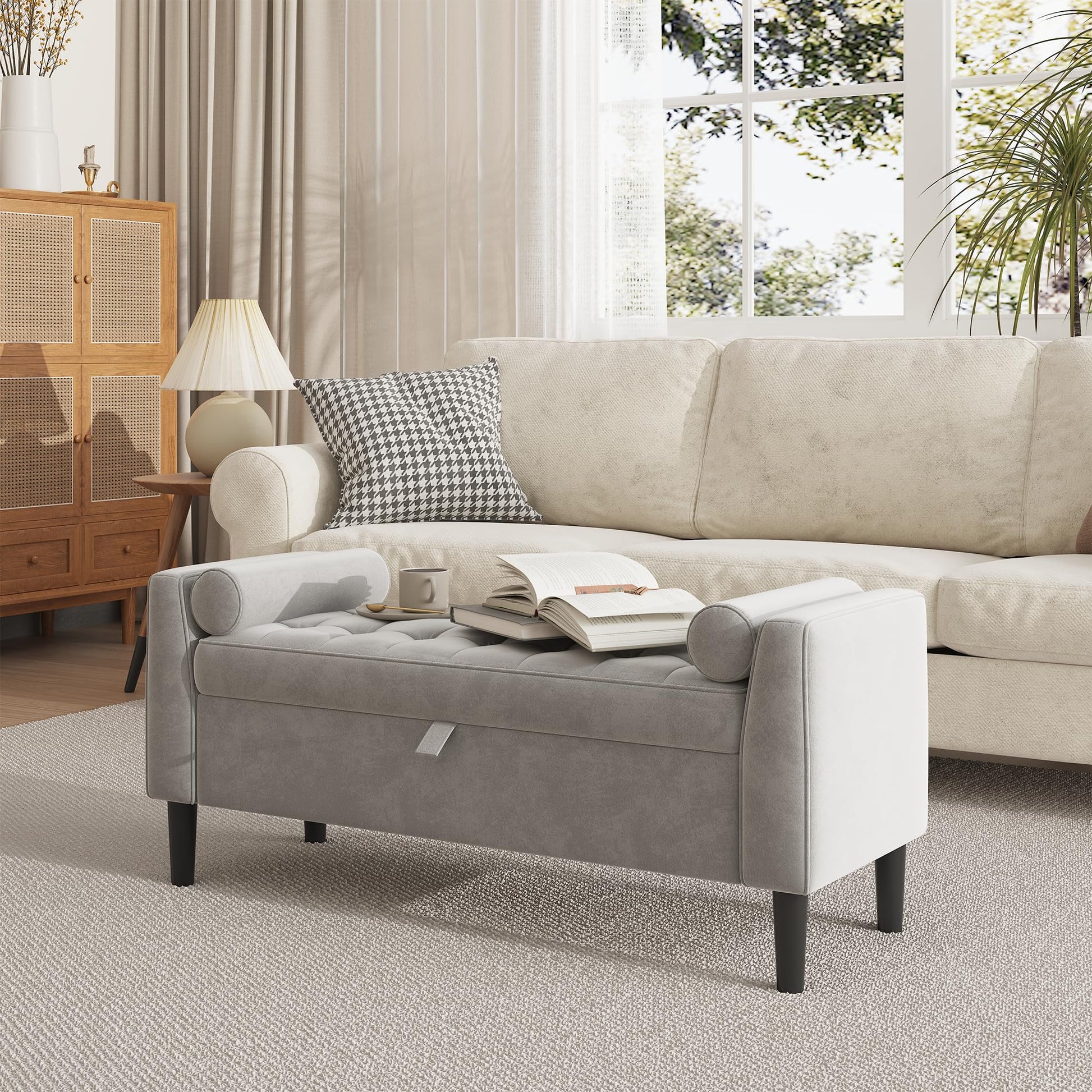 Panca ottomana Garvee con contenitore, imbottita, design capitonné, cerniere in ottone robusto, versatile per camera da letto e corridoio, beige e verde