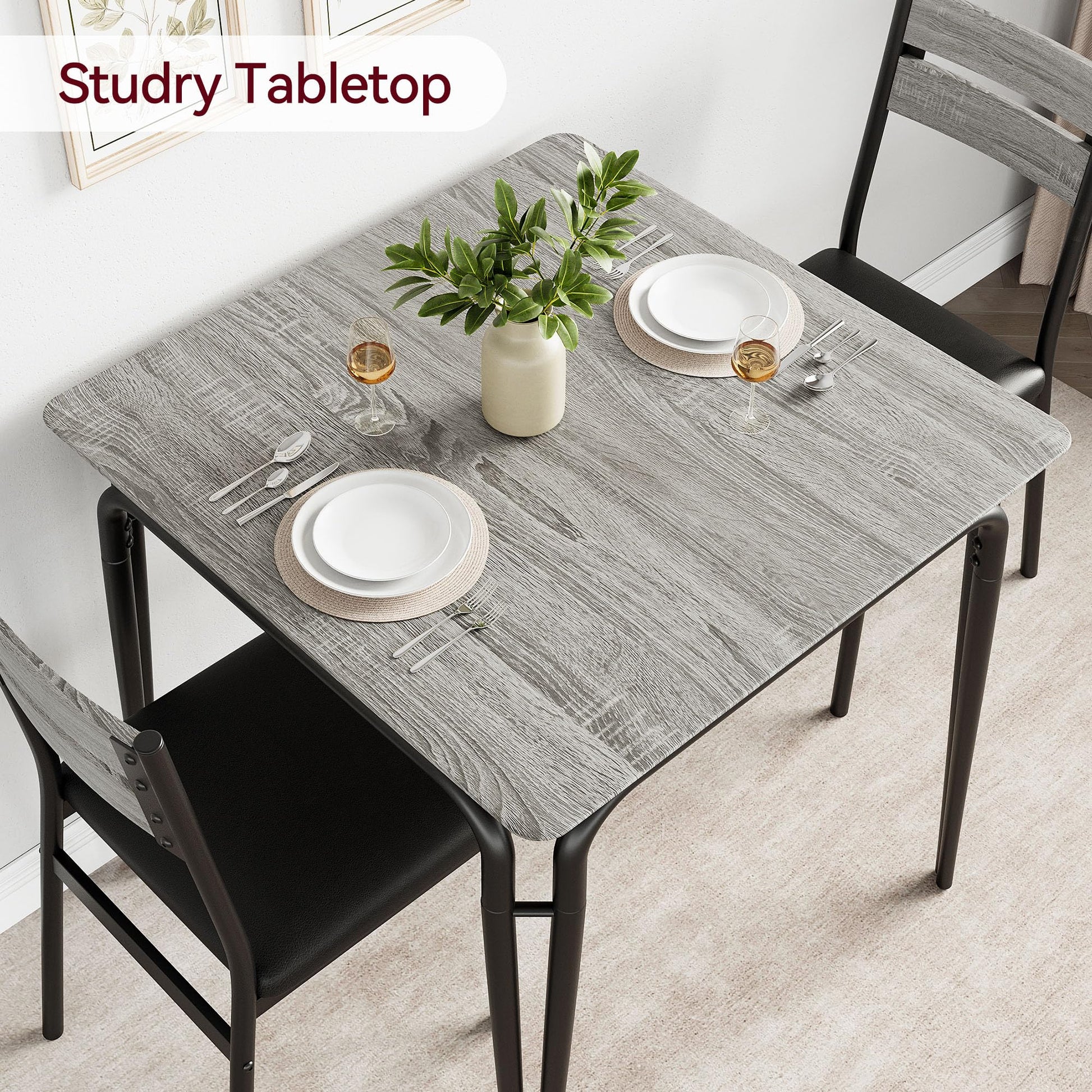 Tavolo da pranzo Garvee per 2 persone con sedie imbottite, legno MDF, struttura in metallo robusto, salvaspazio, piccoli appartamenti, quadrato