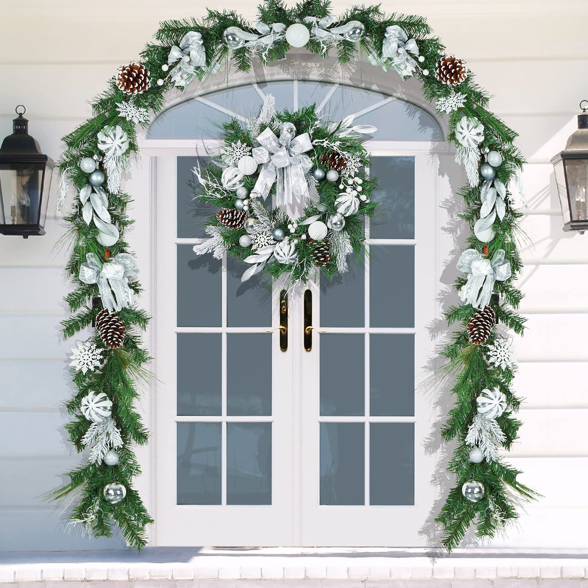 Ghirlanda natalizia illuminata Garvee da 24 pollici con luci a LED, a batteria, argento, per uso interno ed esterno