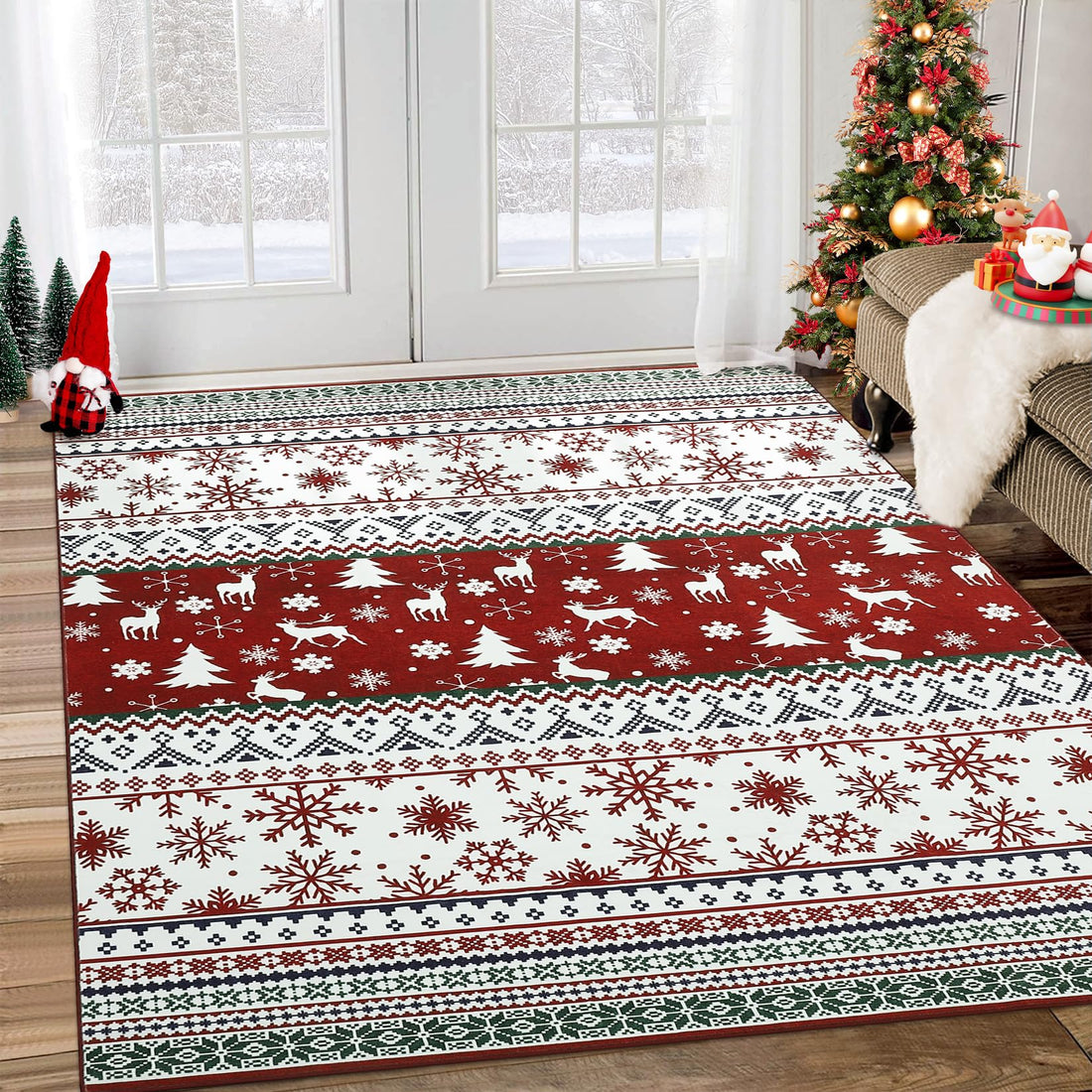Tappeto per soggiorno Garvee, tappeto natalizio rosso-verde, 160x230 cm, lavabile, antiscivolo, decorazione natalizia per camera da letto, cucina, sala da pranzo, ufficio