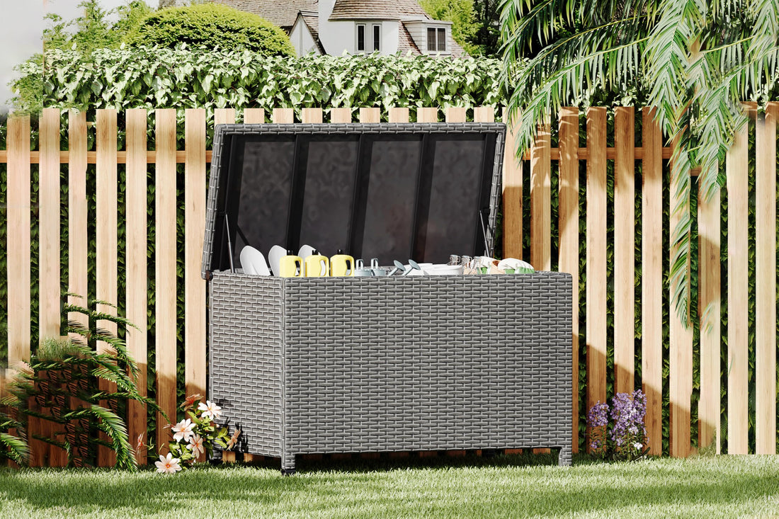 Garvee 150 Gal grande contenitore da giardino in rattan con ruote e maniglie per giardino e patio, 55x23,5x31,5 pollici, marrone