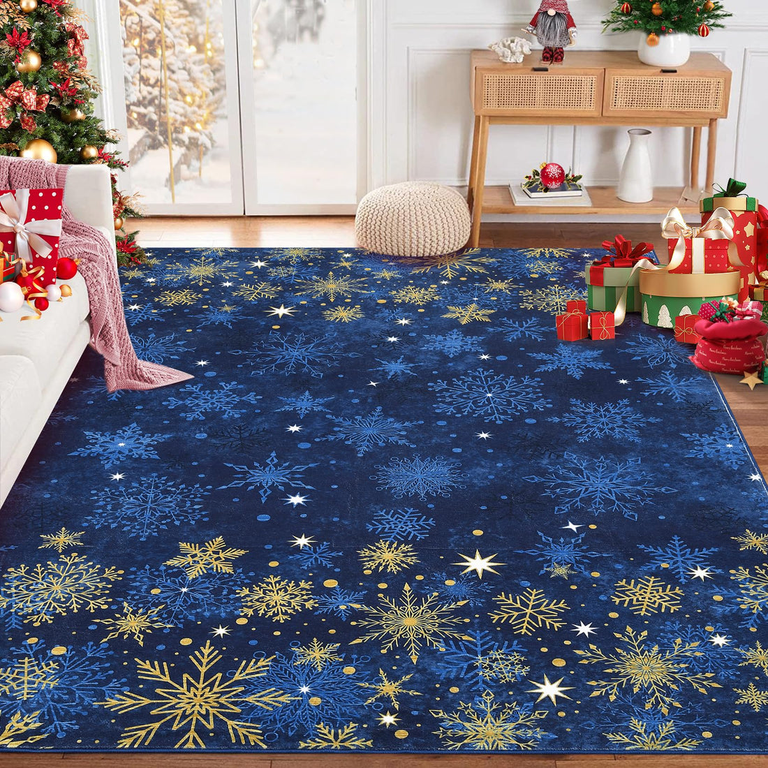 Tappeto grande per soggiorno Garvee, decorazione natalizia, 200x290 cm, blu, morbido, a pelo corto, antiscivolo