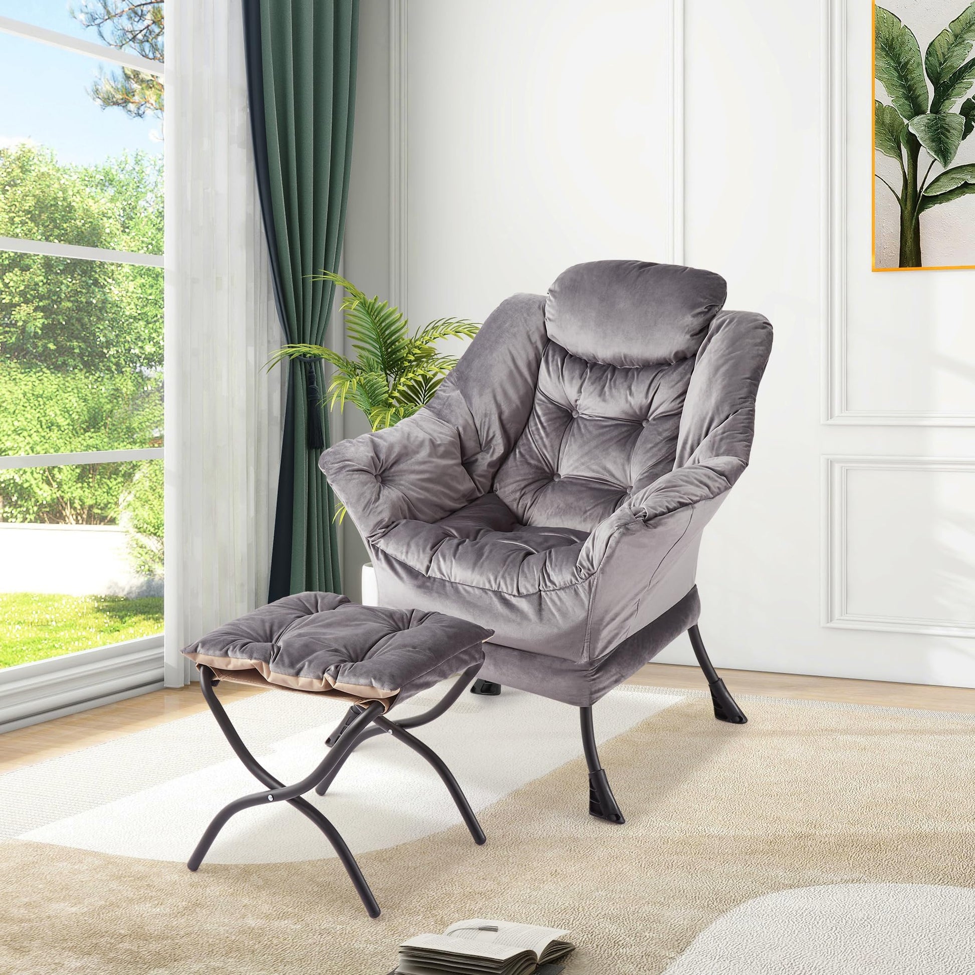 Sedia girevole Garvee con poggiapiedi, ergonomica e robusta, in pelliccia sintetica di coniglio, per soggiorno e ufficio, pieghevole, grande, grigio