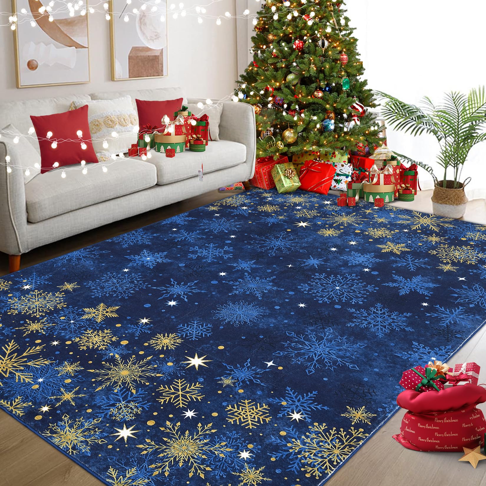 Tappeto per soggiorno Garvee, tappeto natalizio blu 160x230 cm, lavabile, morbido, motivo a fiocco di neve, per camera da letto, cucina, sala da pranzo, ufficio, decorazione natalizia