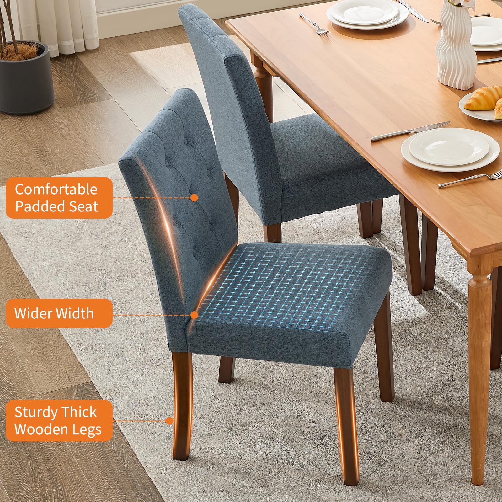 Sedie da pranzo Garvee Parsons, set di 2, imbottite, ergonomiche, in tessuto di lino, legno di caucciù, blu, per cucina e soggiorno