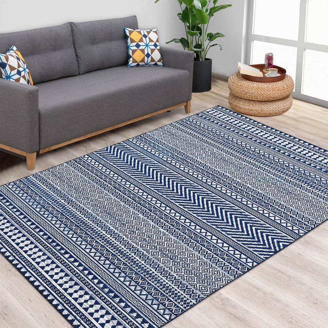 Garvee Läufer Teppich Boho Moderno - Fleckenabweisend, Wasserfest - Navy Blau, 160x200cm - Wohnzimmer & Schlafzimmer