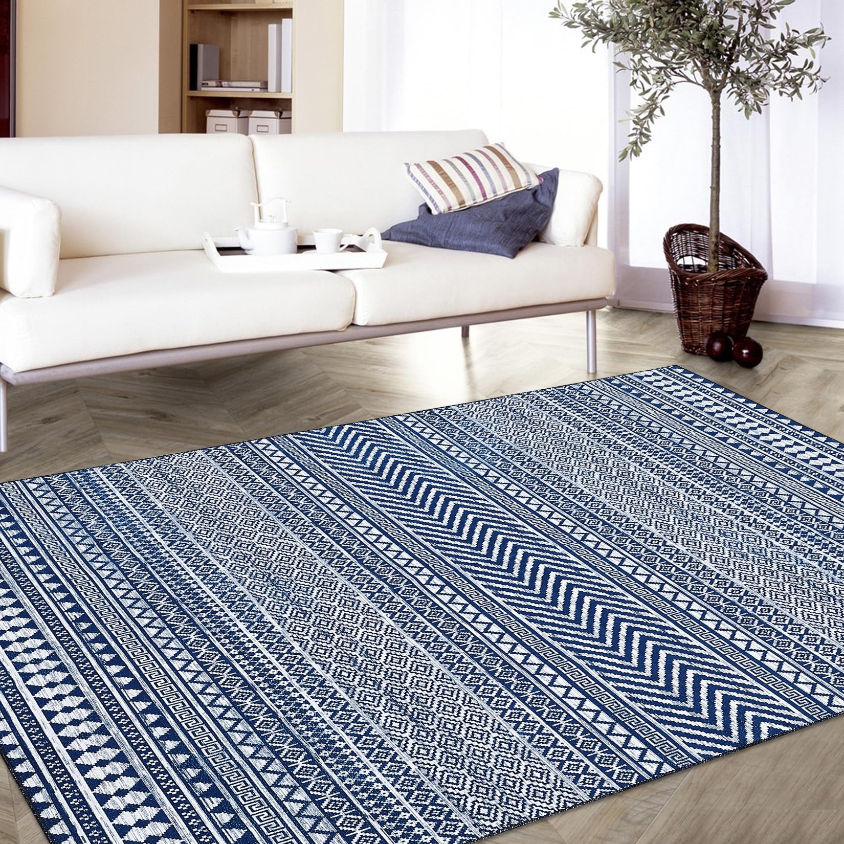 Garvee Teppich Boho Marokkanisch Navy Blau Waschbar Rutschfest Polyester 160x230 cm Wohnzimmer Schlafzimmer
