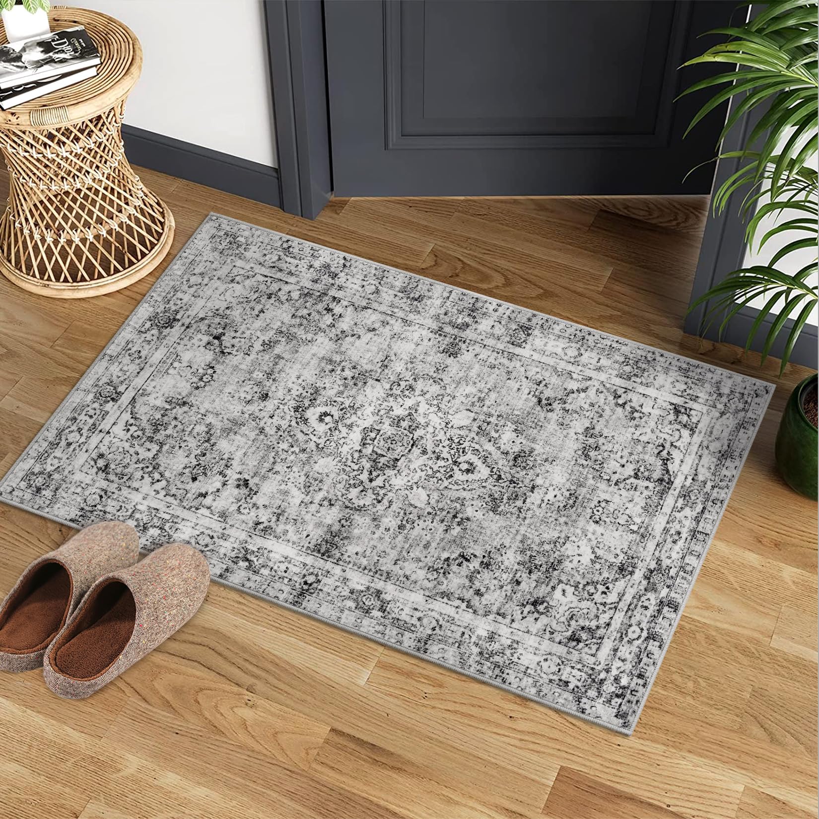 Tappeto a pelo corto Garvee Boho Vintage per soggiorno, antiscivolo, lavabile, 100% poliestere, grigio 120x170 cm