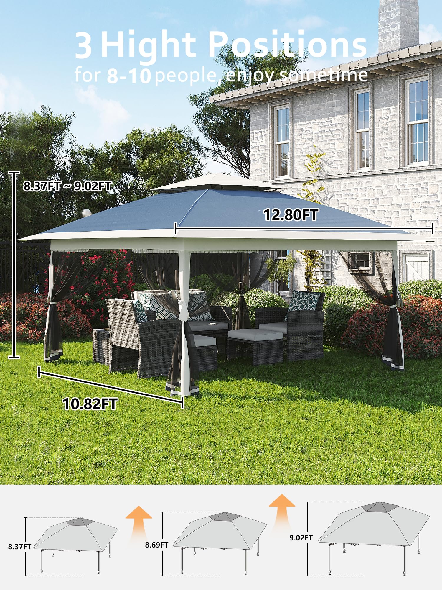 Gazebo pieghevole Garvee 13x13 con zanzariera, struttura in acciaio robusto, protezione UV UPF 50+, impermeabilizzazione, blu navy + grigio canapa, fisso in giardino