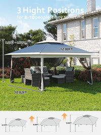 Gazebo pieghevole Garvee 13x13 con zanzariera, struttura in acciaio robusto, protezione UV UPF 50+, impermeabilizzazione, blu navy + grigio canapa, fisso in giardino