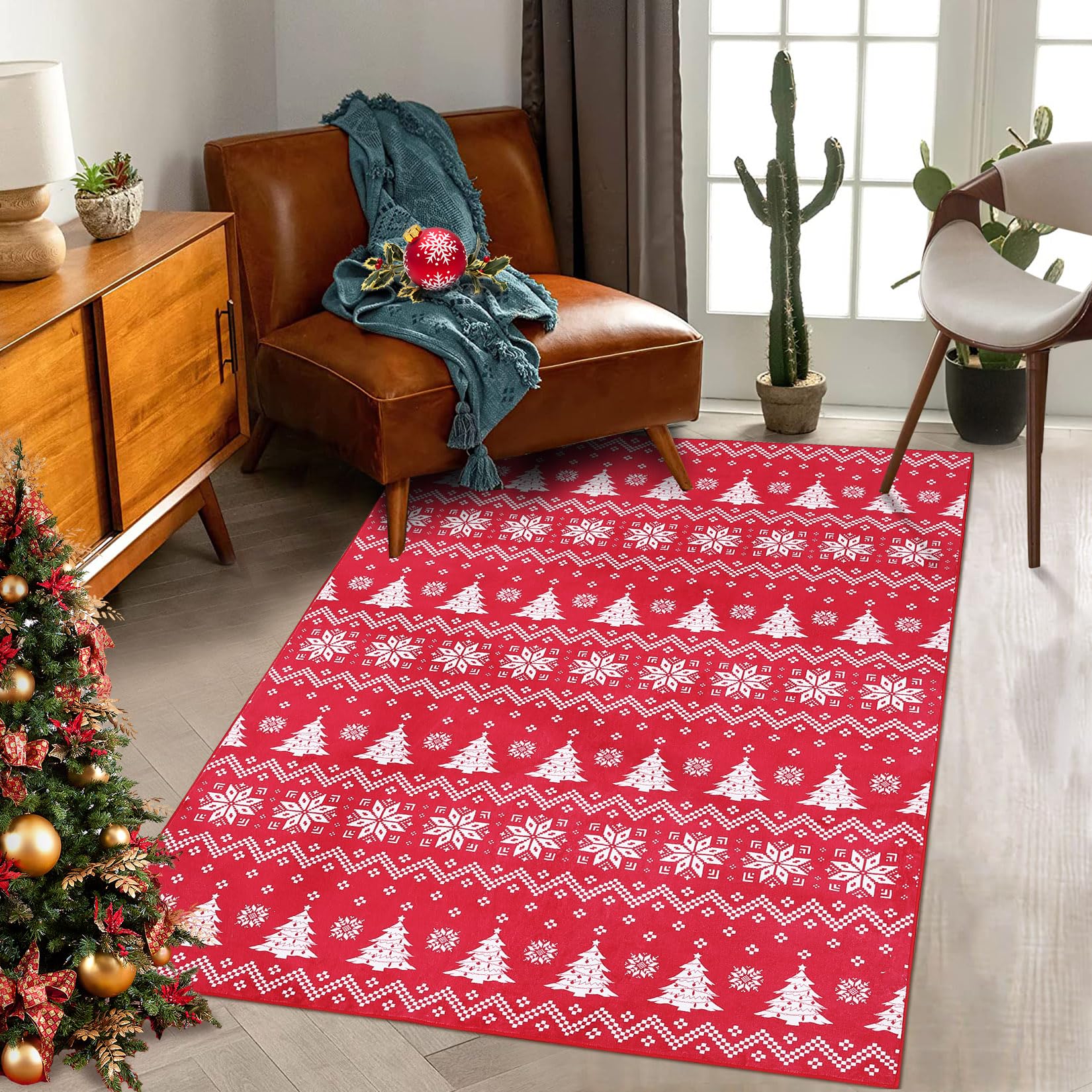 Garvee Tappeto Natalizio Rosso con Fiocchi di Neve e Albero di Natale, Antiscivolo, Lavabile, Ultra Sottile in Poliestere per Soggiorno e Camera da Letto