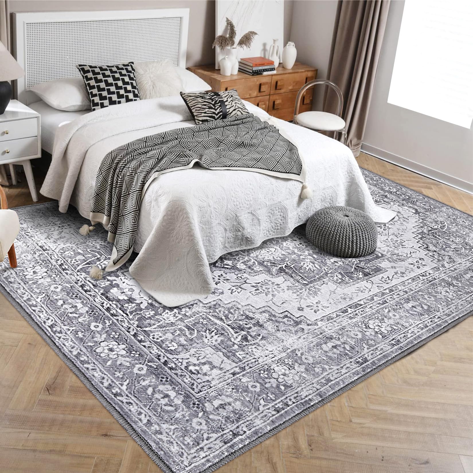 Tappeto vintage Garvee, design orientale, antiscivolo, antimacchia, lavabile, pelo corto, grigio, 160x230 cm, soggiorno, camera da letto