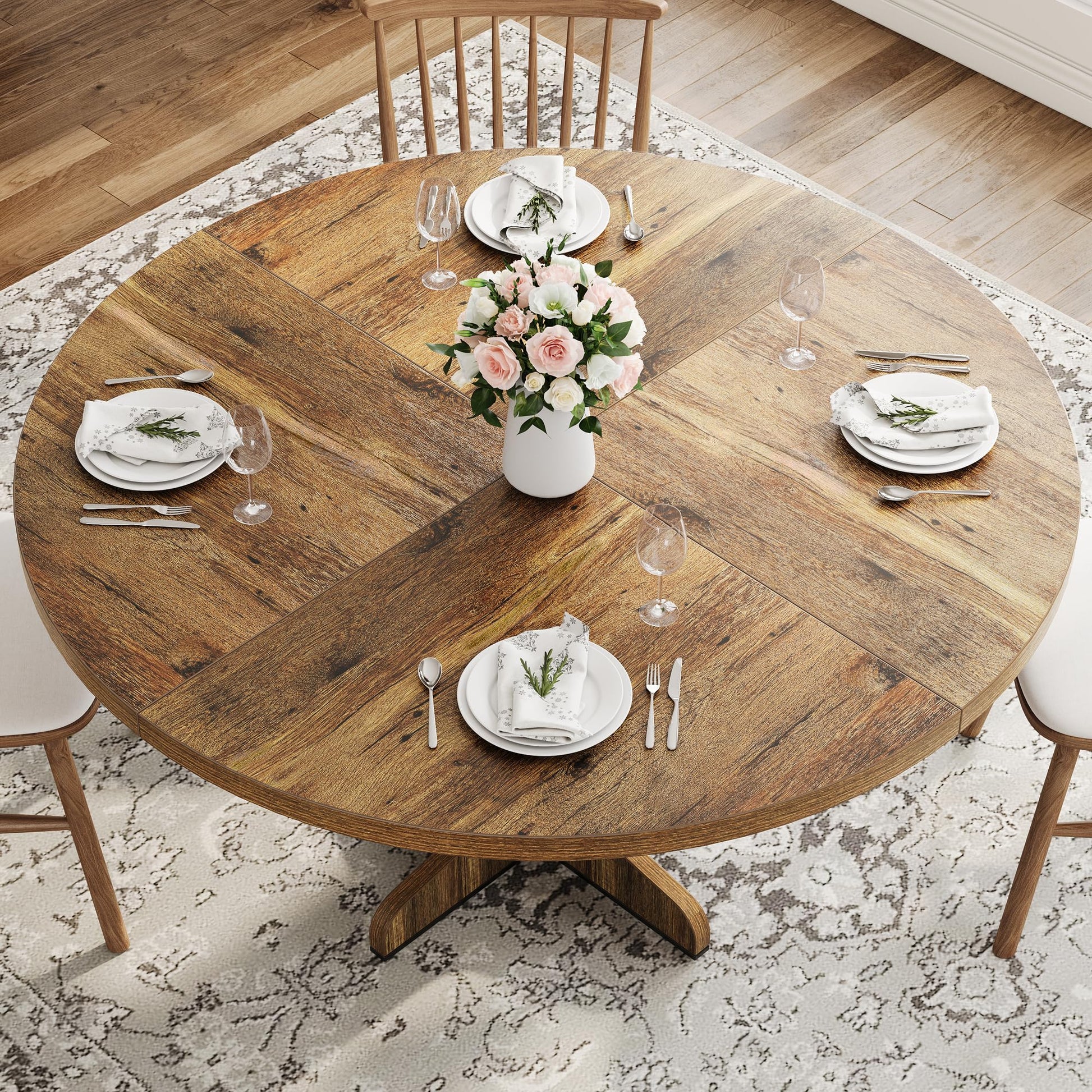 Tavolo da pranzo rotondo Garvee da 47" per 4 persone con robusta struttura in metallo e piano in MDF, design rustico per cucina e soggiorno, marrone