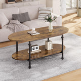 Garvee Tavolino da Caffè Ovale 2 Ripiani Telaio in Metallo per Soggiorno e Ufficio 120 cm Design Industriale Moderno Colore Legno
