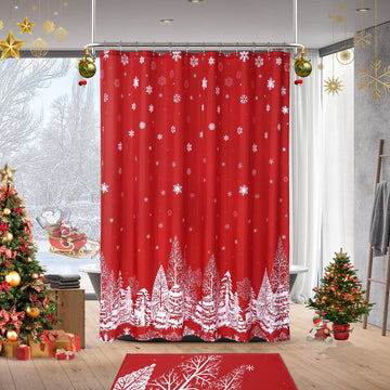 Tenda da doccia natalizia Garvee con motivo a albero di Natale e neve, impermeabile, 85x183 cm, in poliestere rosso per bagni e feste