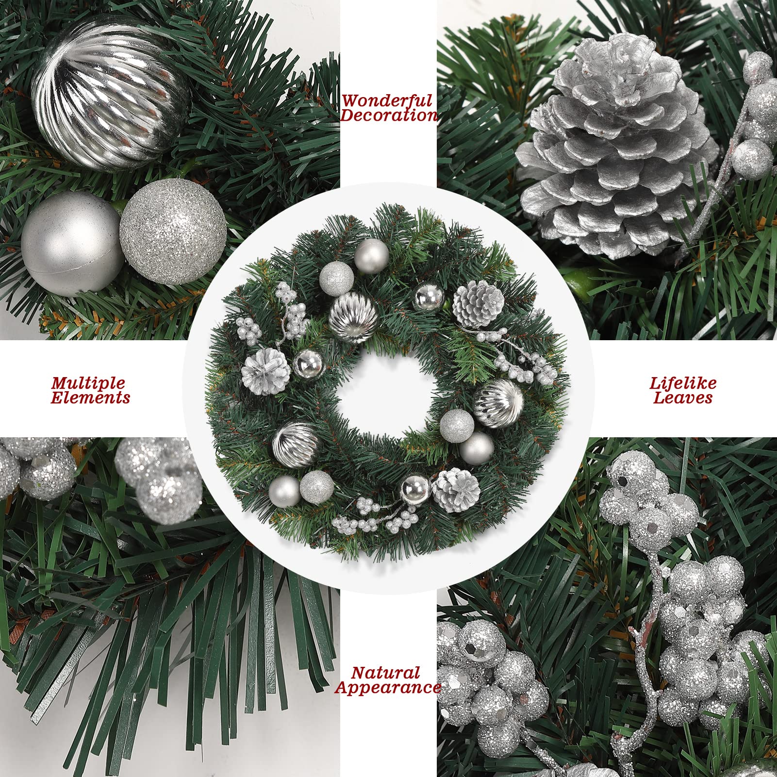 GARVEE Ghirlanda di Natale 40 cm Ghirlanda artificiale per porta Argentata con palline di Natale Pigne Bacche per porta d'ingresso Camino Decorazione da parete Verde