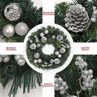 GARVEE Ghirlanda di Natale 40 cm Ghirlanda artificiale per porta Argentata con palline di Natale Pigne Bacche per porta d'ingresso Camino Decorazione da parete Verde