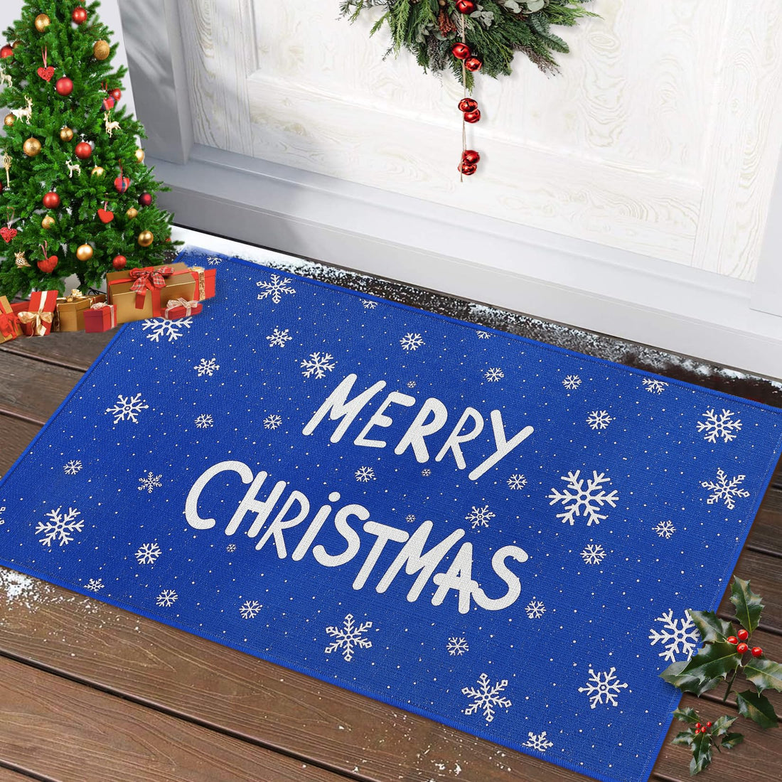 Zerbino antiscivolo Garvee con motivo natalizio per cucina e soggiorno, 50x80 cm, cotone blu, per interni ed esterni