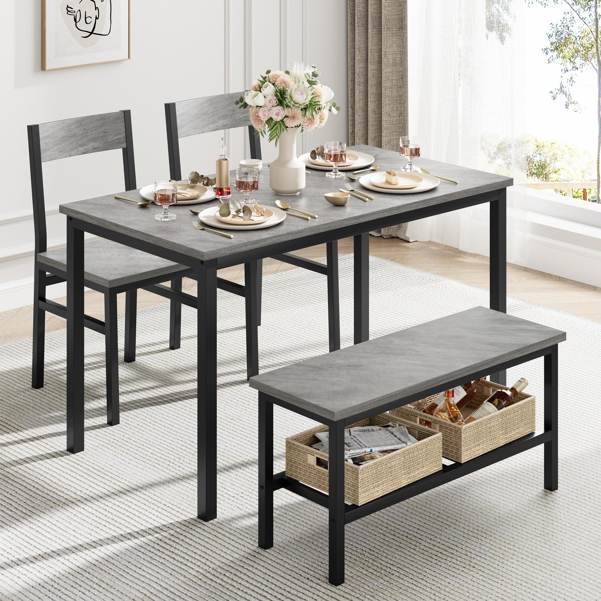 Set da pranzo Garvee per 4 persone con panca, contenitore, MDF robusto e acciaio, salvaspazio, versatile, grigio, ideale per piccoli appartamenti