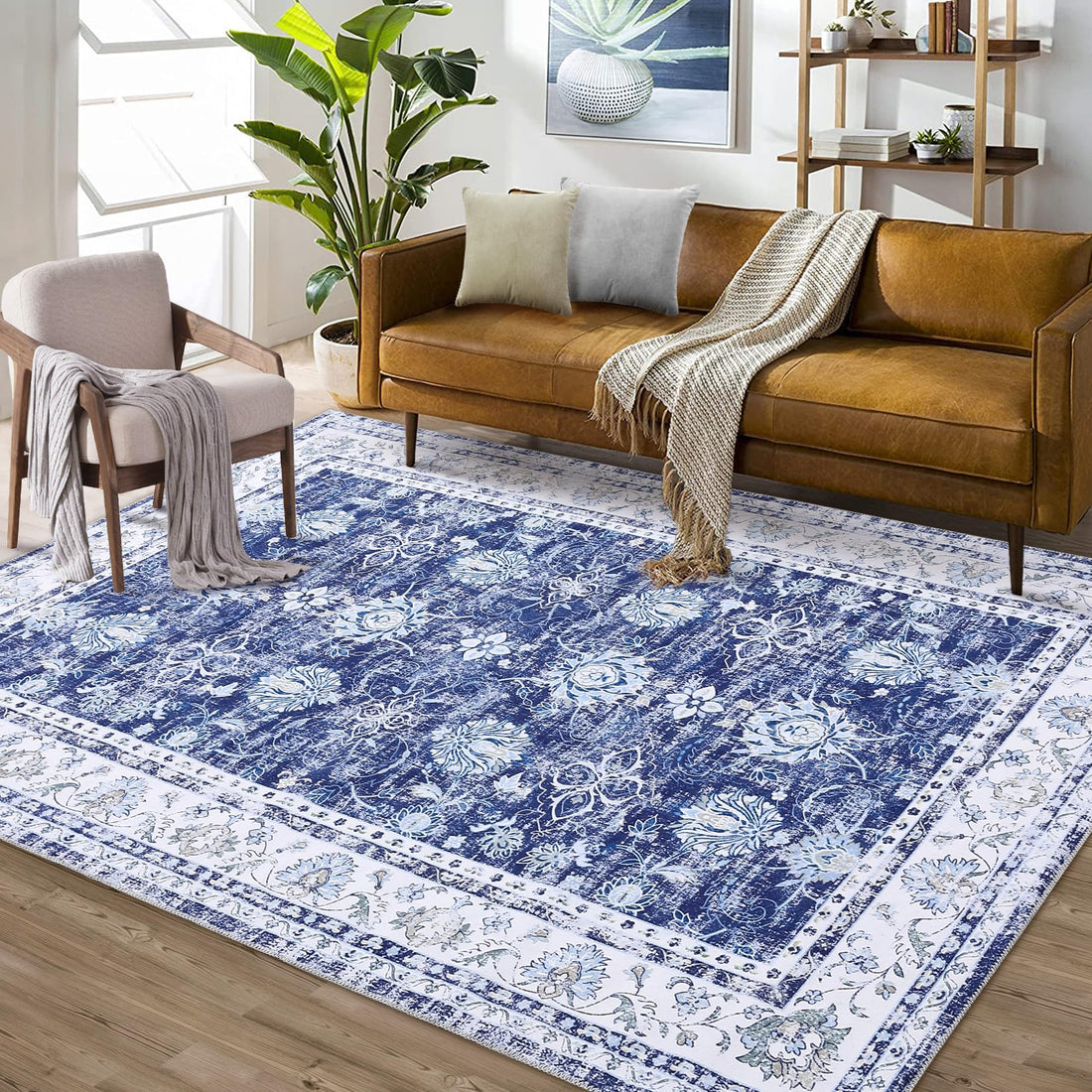 Tappeto Garvee lavabile in lavatrice 140 x 200 cm design vintage con supporto antiscivolo in TPR per soggiorno camera da letto blu