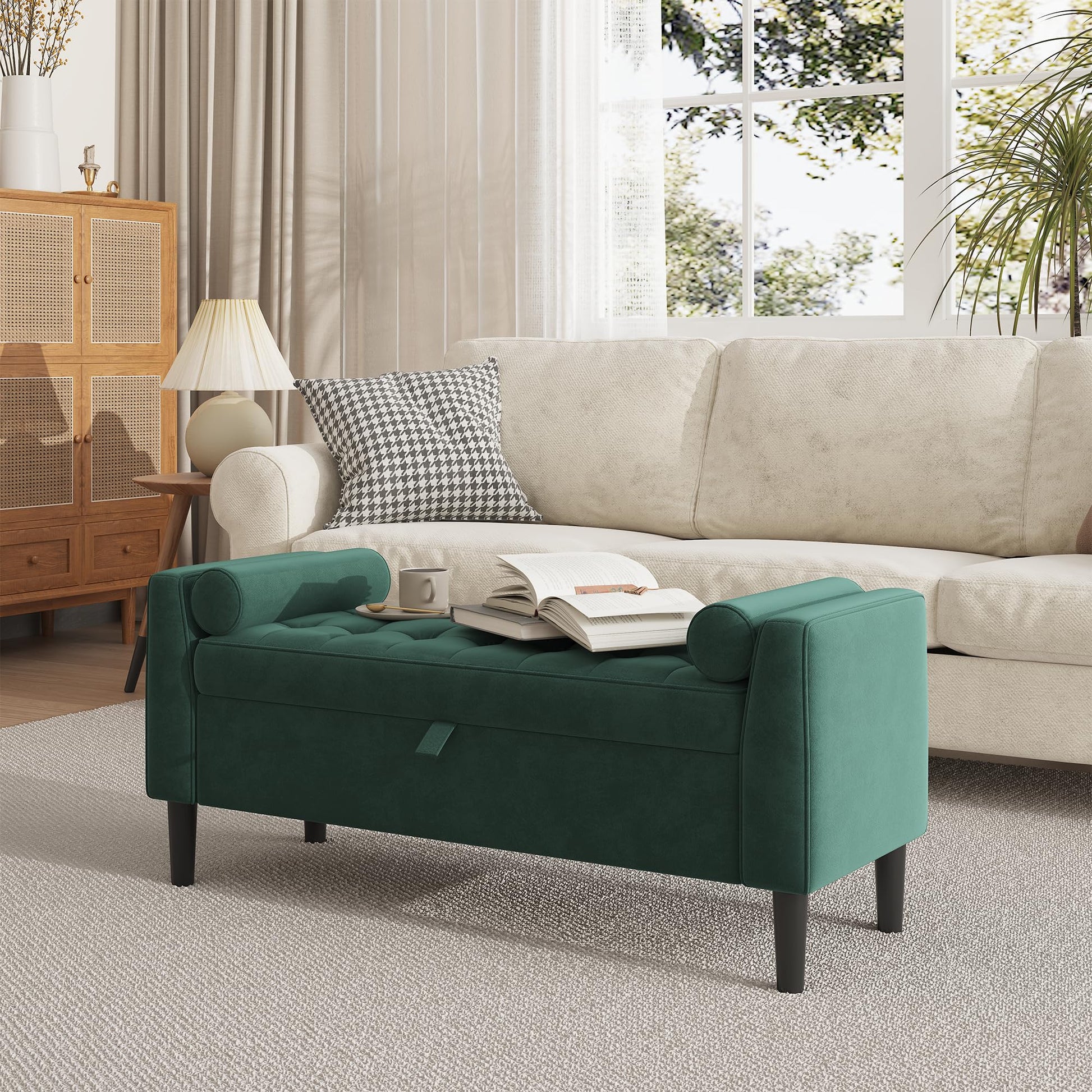 Panca ottomana Garvee con contenitore, imbottita, braccioli girevoli, verde, 46,5" per soggiorno e corridoio, struttura robusta