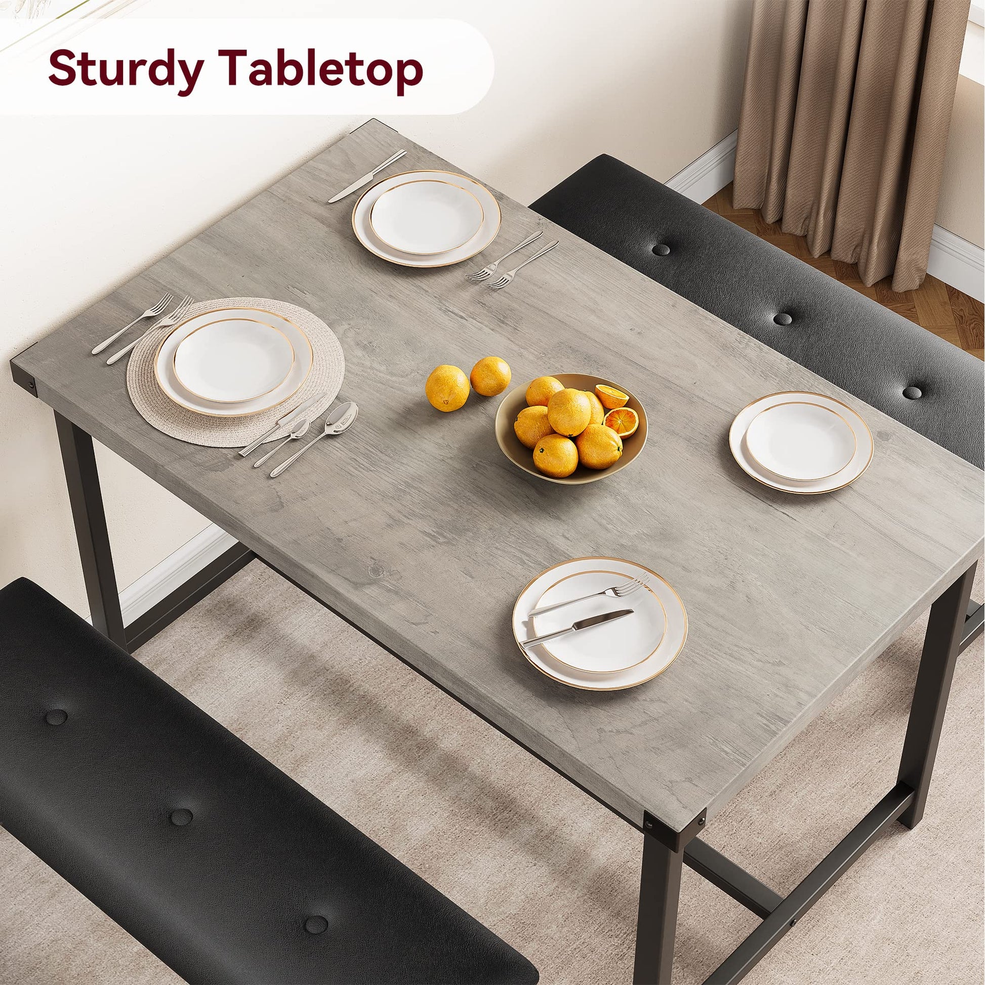 Set da pranzo Garvee per 4 persone con 2 panche imbottite, tavolo da cucina rettangolare, robusto MDF e acciaio, salvaspazio, impermeabile, grigio retrò, piccoli spazi