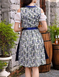 Garvee - Completo corto da donna Dirndl, 3 pezzi, abito tradizionale midi, blu floreale, per Oktoberfest, feste, matrimoni, taglia 34