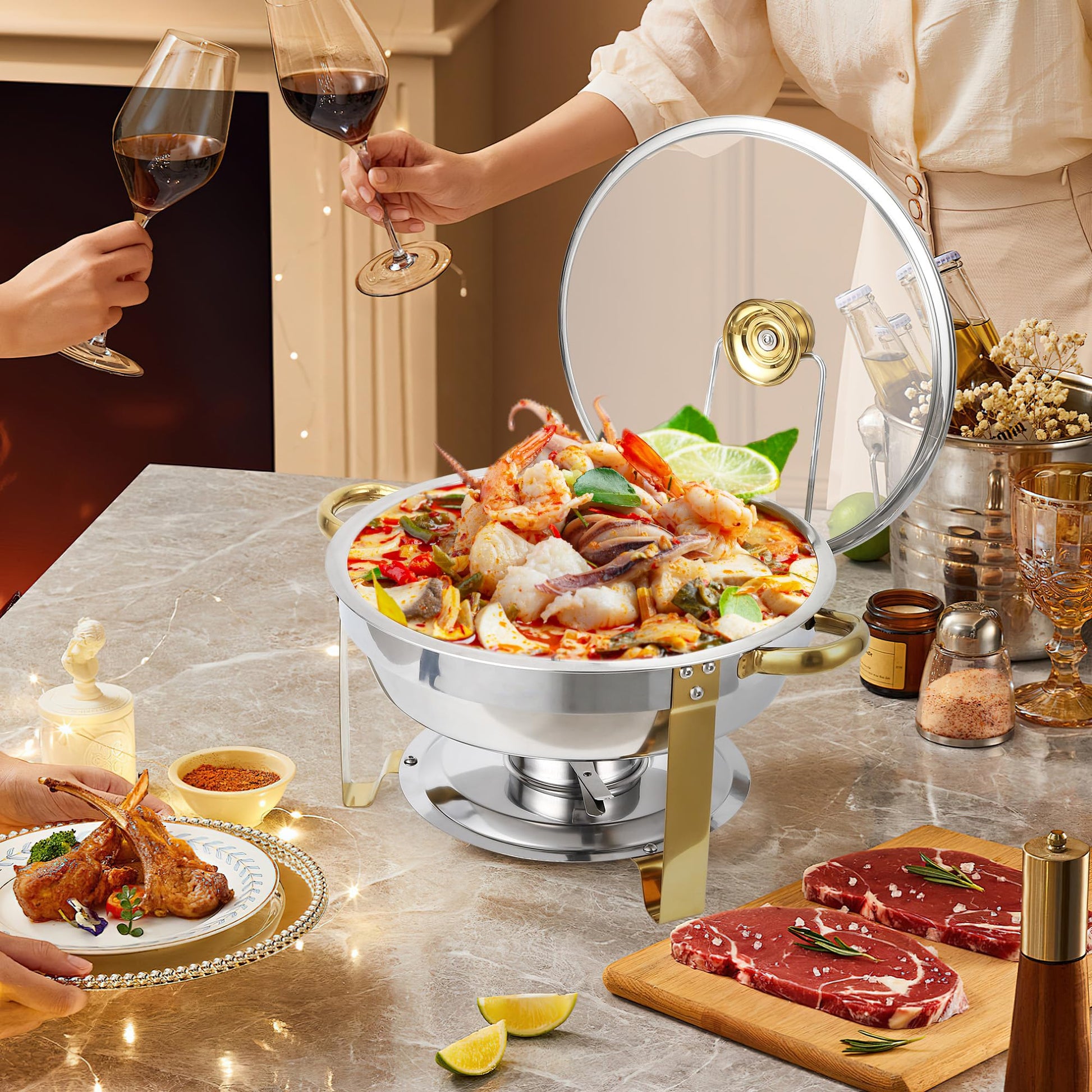 Set di scaldavivande Garvee, 2 pezzi, 5 QT, acciaio inossidabile, coperchi in vetro con bordo dorato, controllo della temperatura, catering